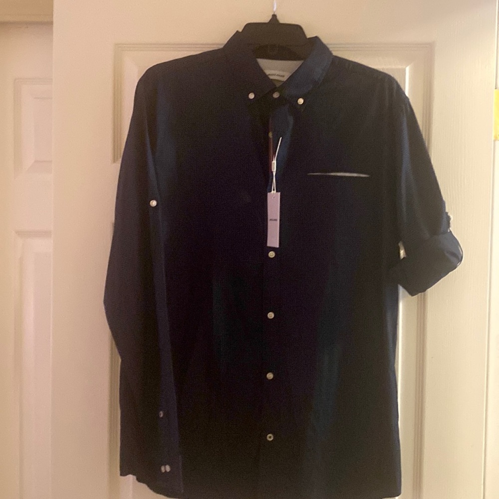 Jack & Jones shirt, sz Lg black w/blue mini checks long sleeves convert to short